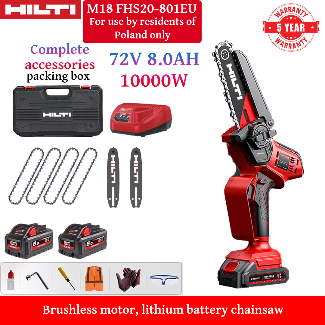 Fierăstrău electric litiu-ion fără perii de 8 inch, putere 10.000 W, baterii 72V 8.0Ah*2, încărcător, șine de ghidare*2, lanțuri*4, cutie de scule, lubrifiant și ochelari de protecție, garanție de cinci ani