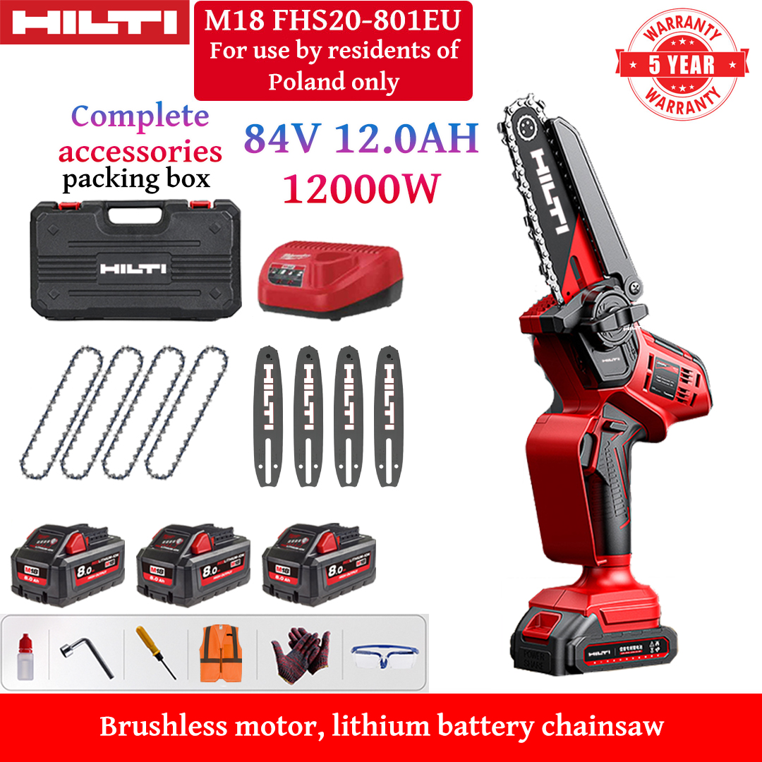Fierăstrău electric litiu-ion fără perii de 10 inch, putere 12000W, baterii 84V 12Ah*3, încărcător, șine de ghidare*4, lanțuri*4, cutie de scule, lubrifiant și ochelari de protecție, garanție 10 ani