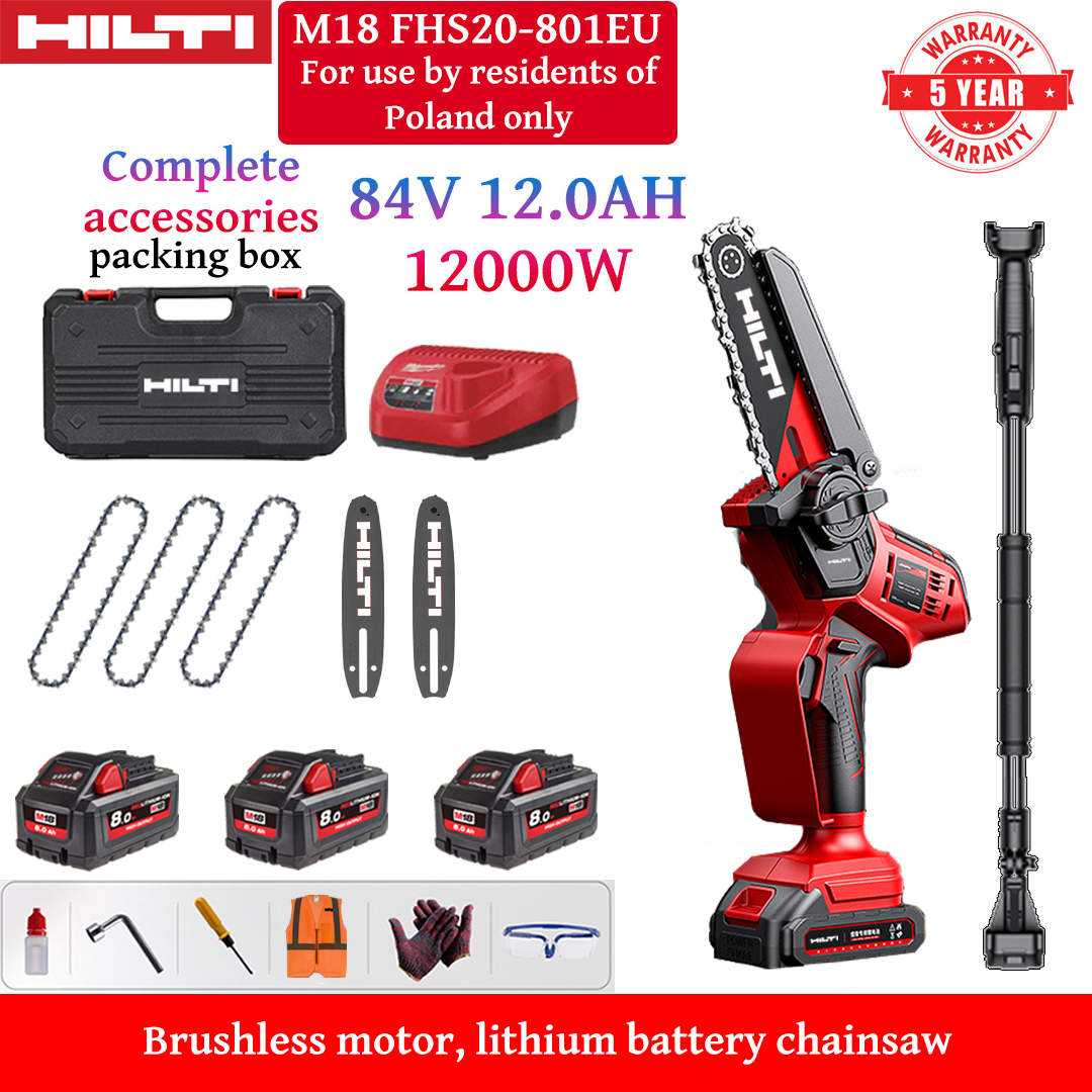 Fierăstrău electric litiu-ion fără perii de 10 inch cu tijă telescopică de 4,5 metri, putere de 12.000 W, baterii de 84 V 12 Ah (3), încărcător, șine de ghidare (2), lanțuri (3), trusă de scule, lubrifiant și ochelari de protecție, garanție de 10 ani