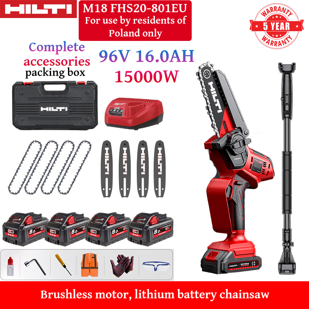 Fierăstrău electric litiu-ion fără perii de 10 inch cu tijă telescopică de 4,5 metri, putere de 15.000 W, 4 baterii de 96 V 16 Ah, încărcător, 4 șine de ghidare, 4 lanțuri, cutie de scule, lubrifiant și ochelari de protecție, garanție de 10 ani